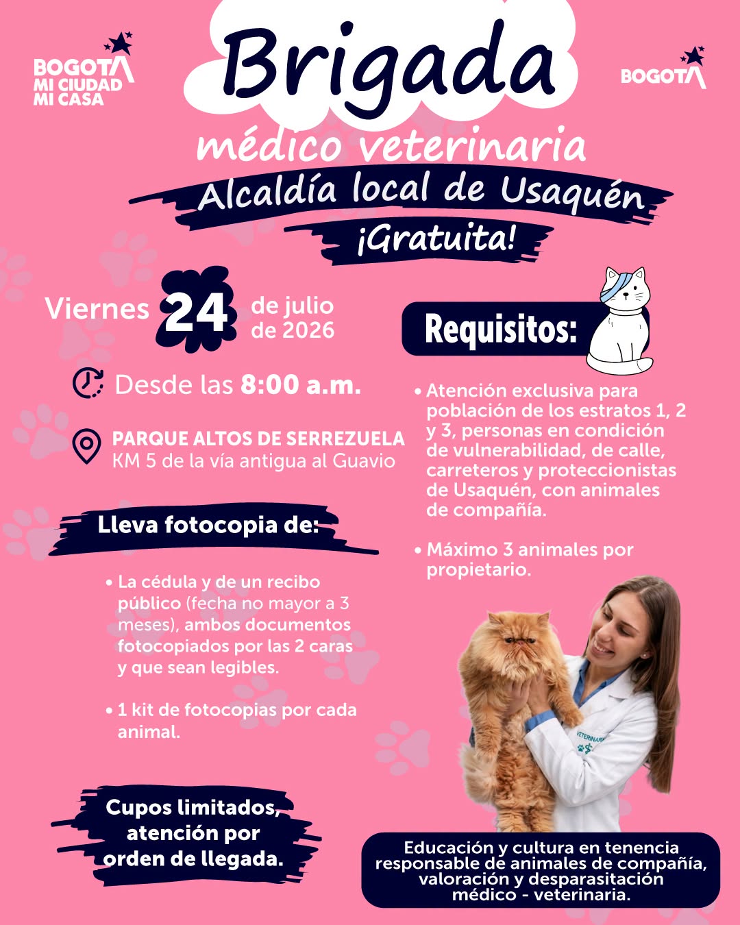 Brigada médico-veterinaria gratuita llegará a Altos de Serrezuela en Usaquén